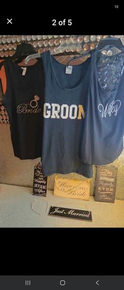 Wedding lot, three tink tops, one men's large two women's medium wedding signs and headband