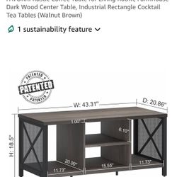 Rustic Coffee Table for Living Room, Farmhouse Dark Wood Center Table, Industrial Rectangle Cocktail Tea Tables (Walnut Brown)