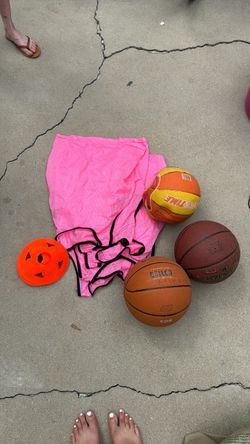 Three basketballs, six pennies and nine cones
