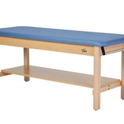 Vivacomfort Aristo H-Brace Wooden Flat Treatment Table with Shelf, 500 lbs Weight Capacity, Blue