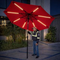 New In Box 9 Feet Tilt Crank Outdoor Patio Umbrella With Solar LED Strip Light Red Or Navy Blue Stand Is Not Included 