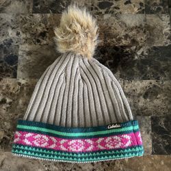 Cabela’s Pom Pom Beanie Women’s OS Tan Multicolor Trim Logo Hat Toboggan Cap