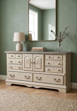 Refinished Cream White Bassett Solid Wood 10 Drawer Dresser