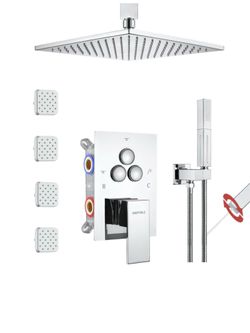 Shower Faucet Set Chrome Shower System, Push Button Diverter Shower Faucet with Trim Kit, Ceiling Mount 10 Inch Shower Head