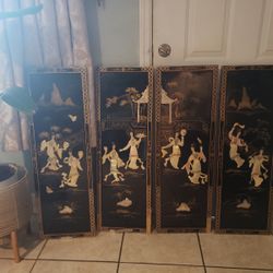 Oriental Black Lacquer Mother Of Pearl Wall Panels