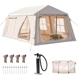 8-10 Person Inflatable Camping Tent with Hand Pump and Carry Bag Easy Setup Blow up Tent w/ Stove Jack Air Glamping Tent