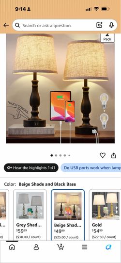 Bedside Table Lamps with USB Ports, 2-Pack
