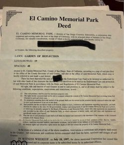El Camino Memorial San Diego ca. Park 2 grave plots