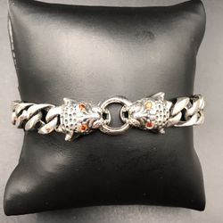 925 Sterling Silver Panther head Cuban Link Chain men’s Bracelet Size 8”
