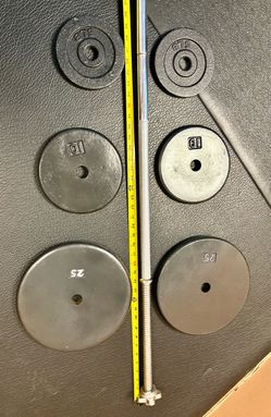 Standard 6 ft Gently Used Bar ( Split in 2 pieces) with pair of Cast Iron Plates of 25#, 10# and 5 pounders. Brute Weight: 100 #