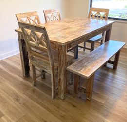 Rustic Mango Wood Dining Table Set with Chairs and Bench