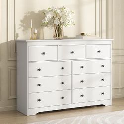 55 Inch Wide White Dresser for Bedroom, 9 Drawer Dresser with Large Drawers, Wood Chest for Living