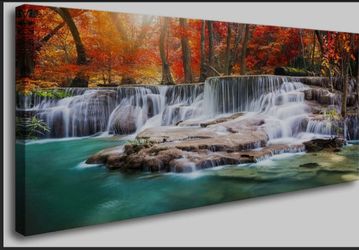 24x48 Wall Art Canvas Painting Red Forest Waterfalls 1 Piece Modern Landscape Tree Picture Poster Print Framed and Stretched Ready to Hang for Living 
