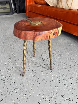 Live Edge Wood + Brass Sculptural Side Table