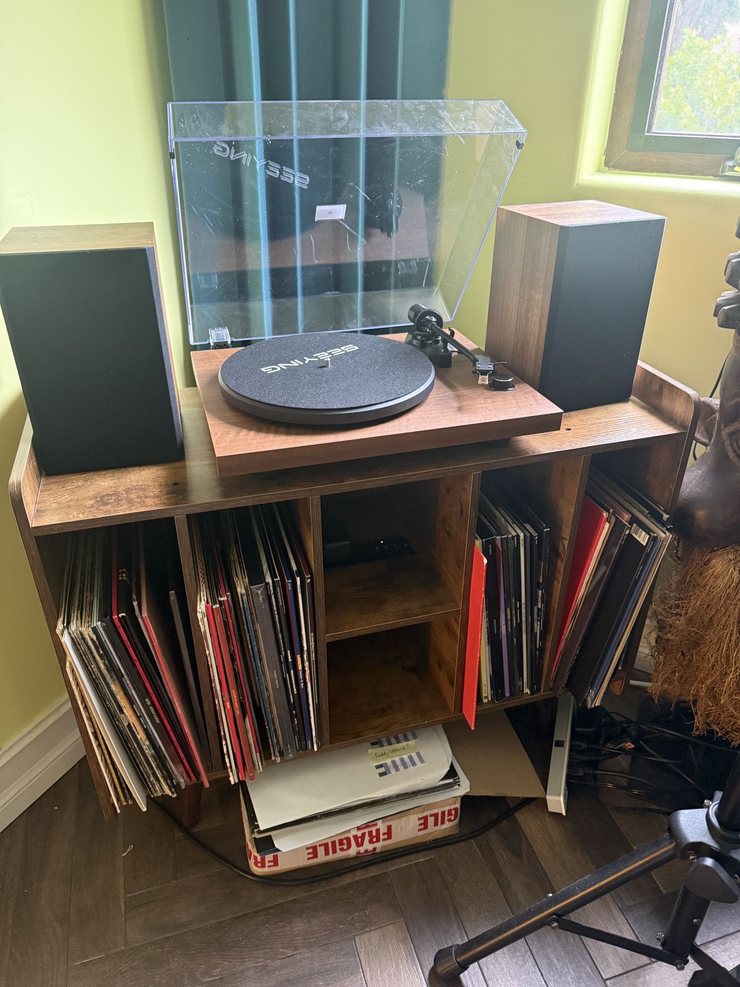 Record Player, Speakers & Vinyl Stand (records not included)