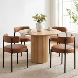 Faux Leather Dining Chairs Set of 4, Mid Century Modern, Brown Curved Barrel Backrest, Easy-Clean Faux Leather, 4-Inch Thick Padded Seat,