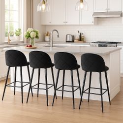 New Modern Set of 4 Modern Velvet Bar Stools– Upholstered Black Bar Chairs with Back Support and Sleek Metal Legs  New in box 5545 . Warehouse open to