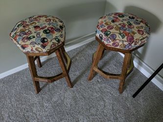 Wood, Brass & Fabric Billiards Stools. Gorgeous Condition.