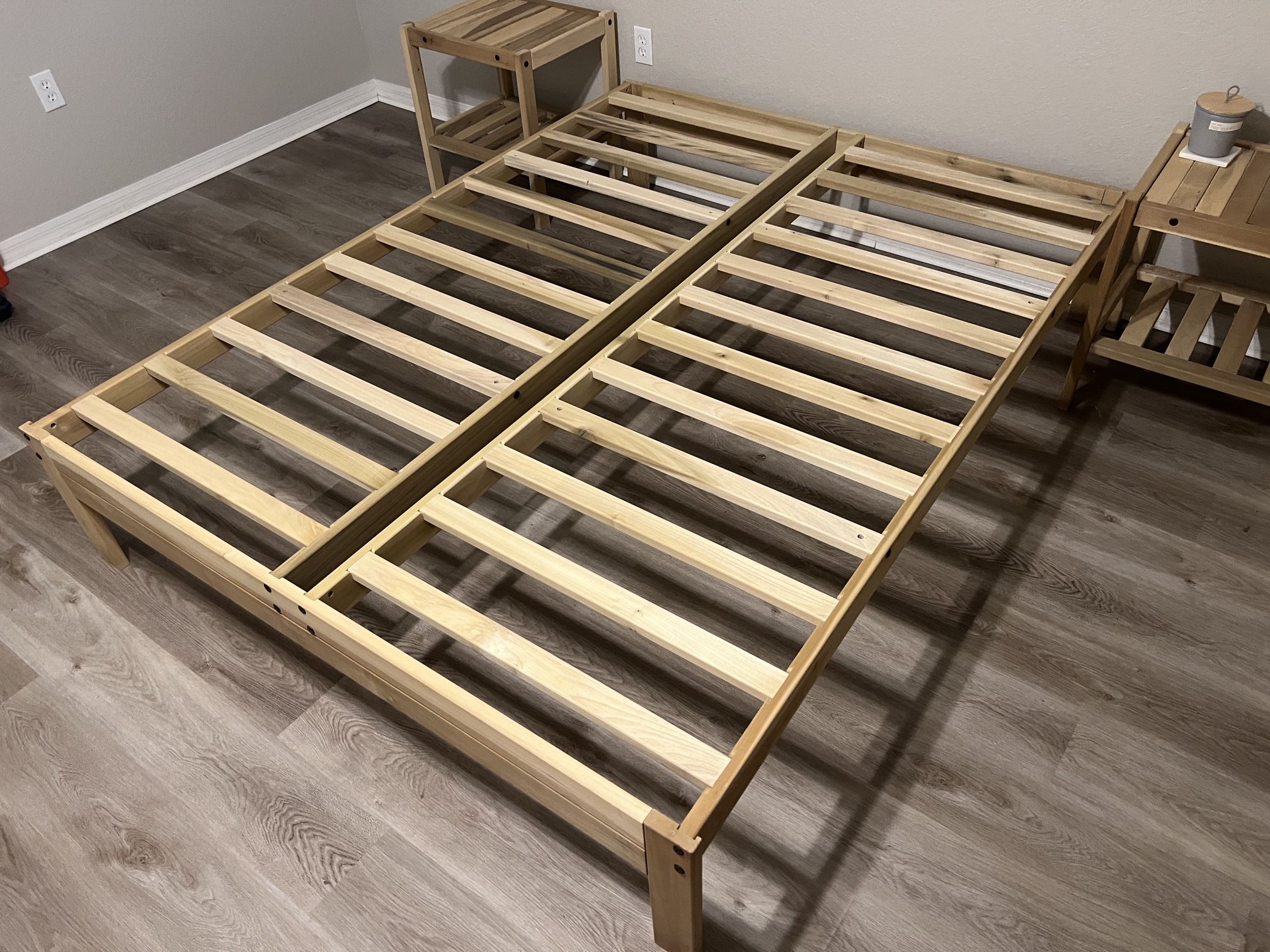 Solid Wood Poplar Queen Bed Frame and Night Stands, Mattress and Bedding