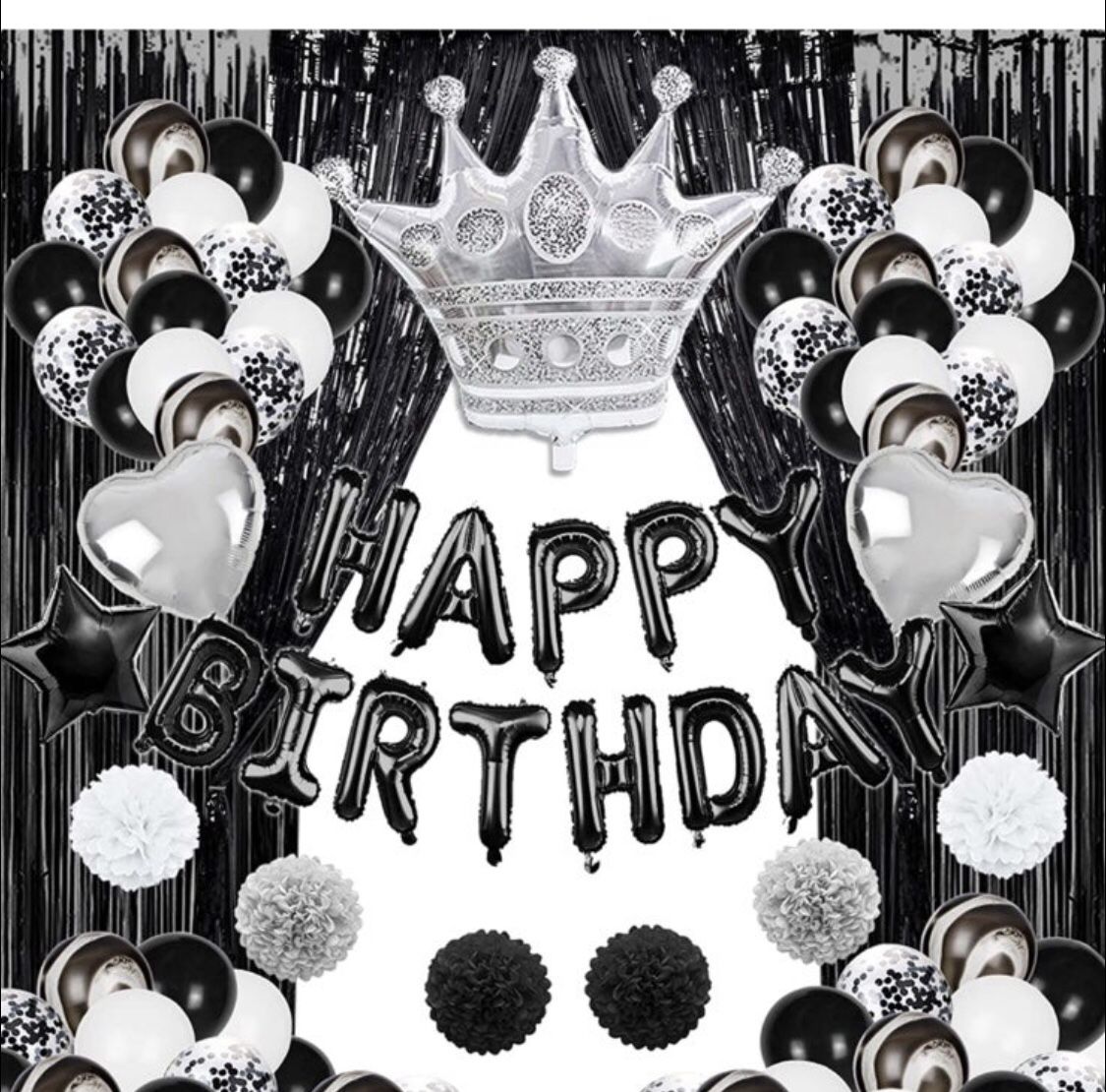 Black Birthday Party Decorations with Black and White Balloons, Paper Pom,o2,