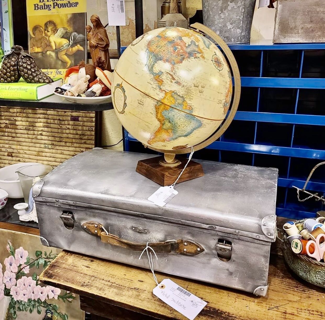 Vintage Globe and Vintage Metal Suitcase