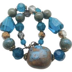 Boho Chic Rustic Beaded Choker Necklace Chunky Ceramic Faceted Glass Beads Blue Brown