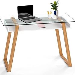 bonVIVO Massimo Small Desk - 43 Inch, Modern Computer Desk for Small Spaces, Living Room, Office and Bedroom - Study Table w/Glass Top and Shelf Space
