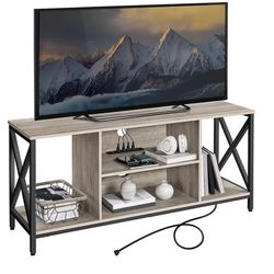 TV Stand for 65 Inch TV, Industrial Entertainment Center TV Console with Power Outlets, Modern TV Cabinet with Open Storage Shelves for Living Room, G