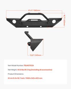 3mm Heave Duty Steel Front Bumper Compatible with 2007-2018 Jeep Wrangler JK JKU - with Winch Plate, D-Ri
