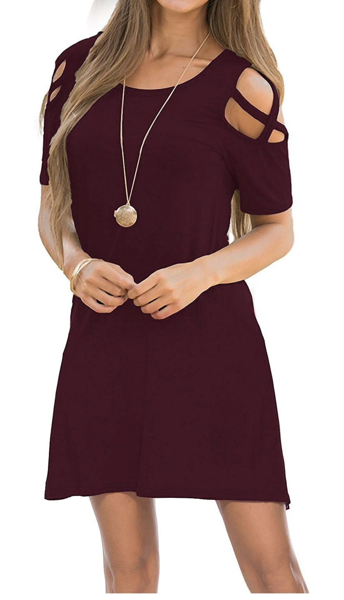  Cold Shoulder Loose Tunic Casual T Shirt Dress Burgundy