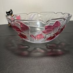 Crystal Clear Studios Vintage 1980s Casandra Pink Irises Frosted Leaves Bowl