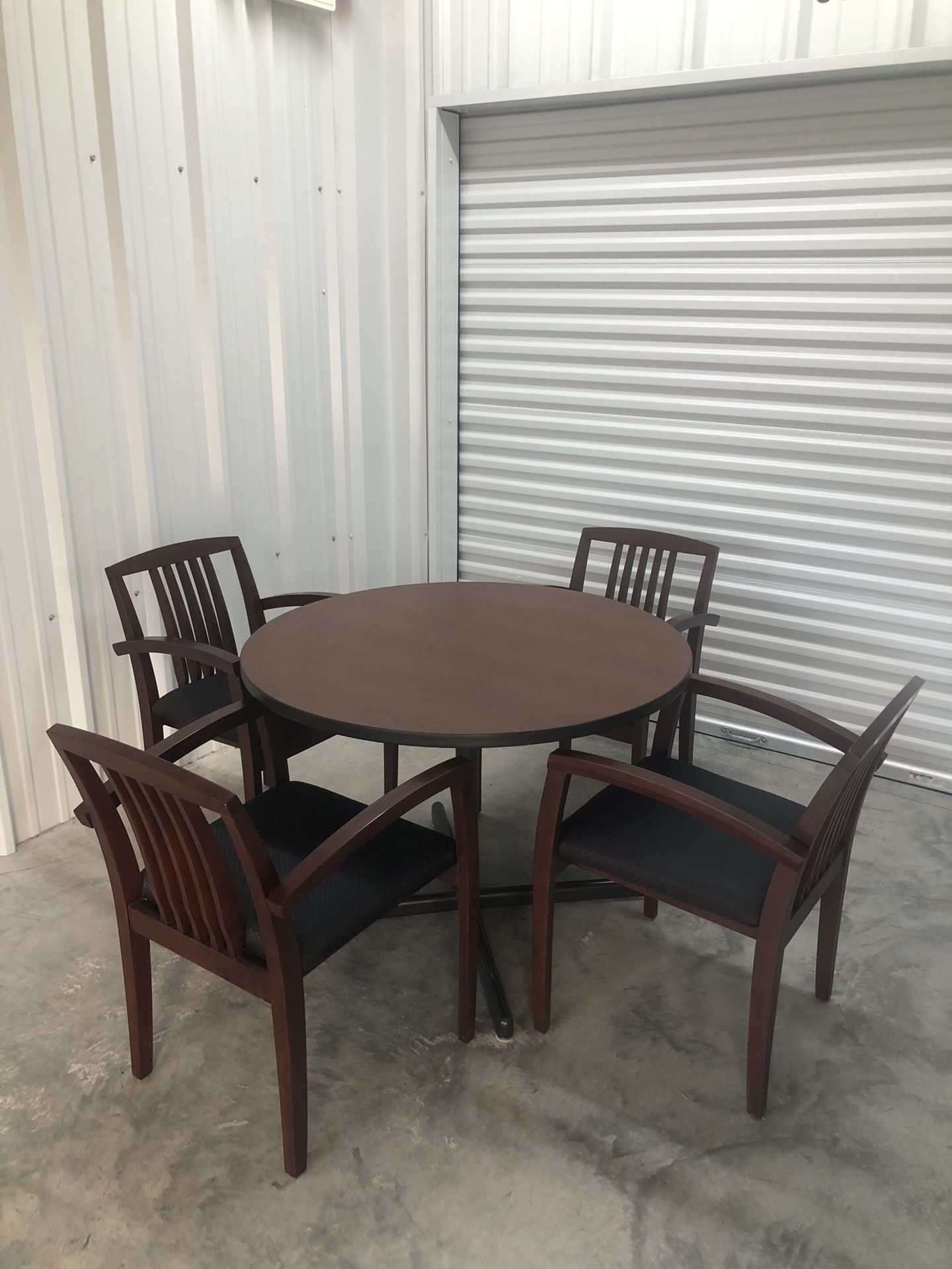 Round 42” Conference Room Table & Four Cherry Finish Wood Chairs