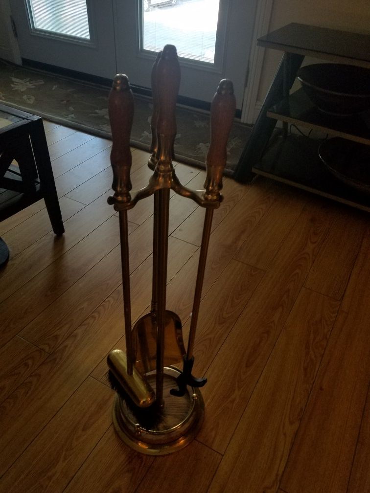 Solid brass and Oak fireplace tools
