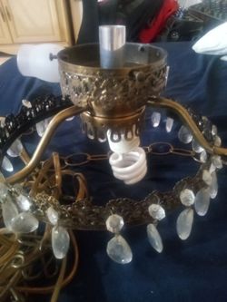 Antique Amber carnival glass with 3 arm Victorian crystal prism chandelier