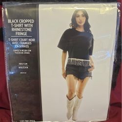 Black Cropped T Shirt Rhinestone Fringe 