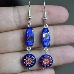 Handmade blue glass beads silver plated earring