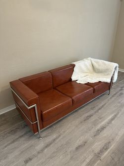 Designer Leather Sofa – Modern Mid-Century Le Corbusier Style Couch, Chrome Frame, Brown Genuine Leather (Originally $2,800)
