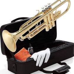 Bb Trumpet - Trumpets for Beginner or Advanced Student w/Case, Cloth, Oil, Gloves - Brass Musical Instruments For Kids & Adults