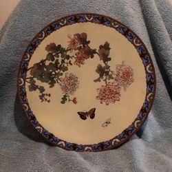 Very Old Antique 9" Cloisonne Plate With Two Butterflies And Flower Decorations Has Missing Cloisonne Small Spot On The Back Due To Age 