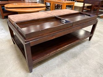Black Cherry Finish Wooden Large Coffee Table with Ottoman Cushions and Removable Trays