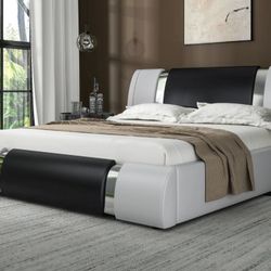 Allewie Queen Size Faux Leather Upholstered Platform Bed with Iron Piece Decoration Adjustable Headboard, 24 Wooden Slats, Black and White