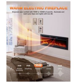 Electric Fireplace 60Inch,Realistic Flame Electric Fireplace Heater,Log Set/Crystal Flames 750-1500W with Timer Inserts/Wall Mounted/TV Stand Touch Sc