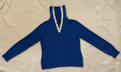 Lauren Ralph Lauren Blue Button-Trim Mock Neck Sweater – Size M 100% Cotton