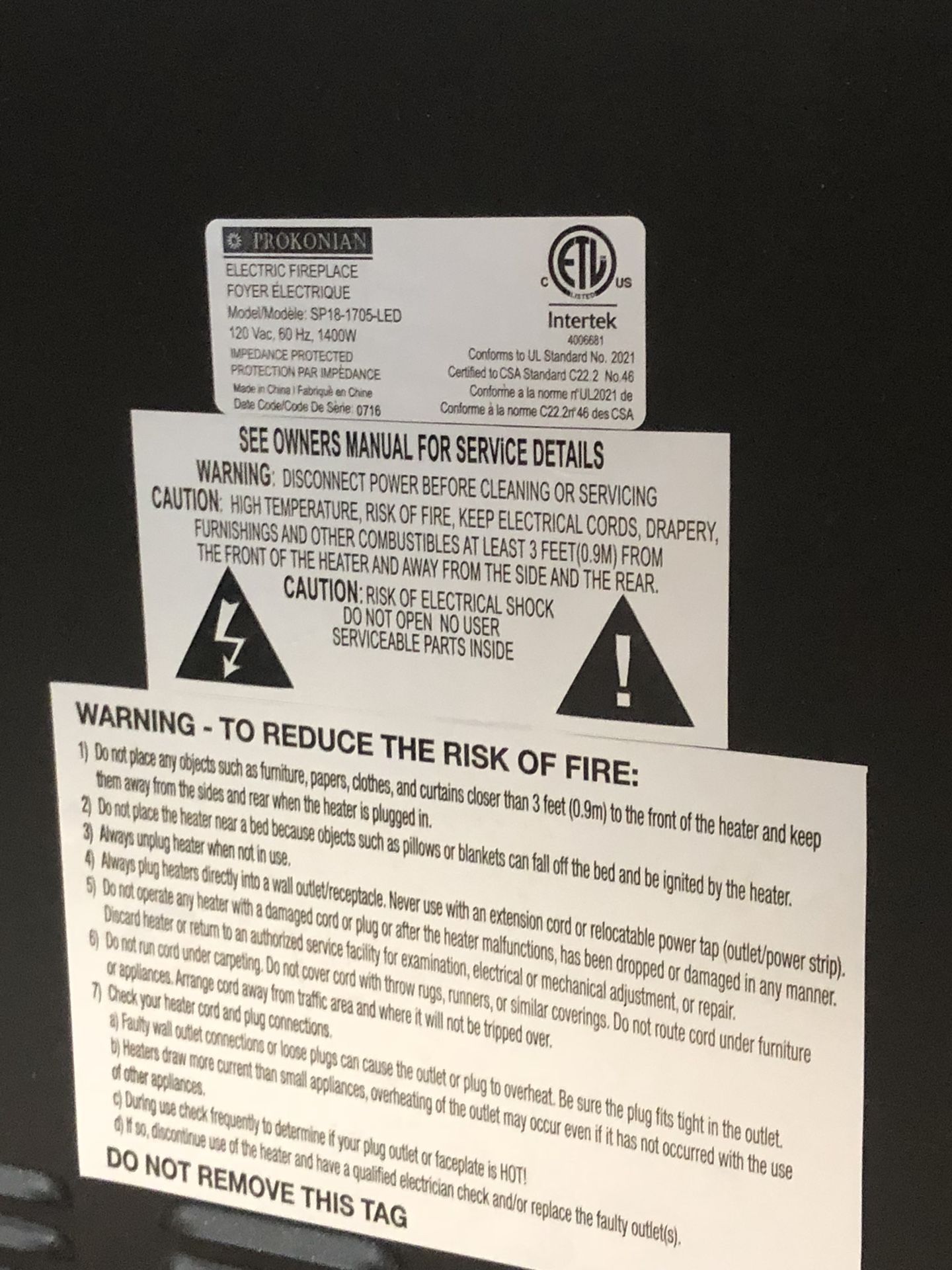 36" wide Prokonian Electric Fireplace SP181705LED Space Room Heater