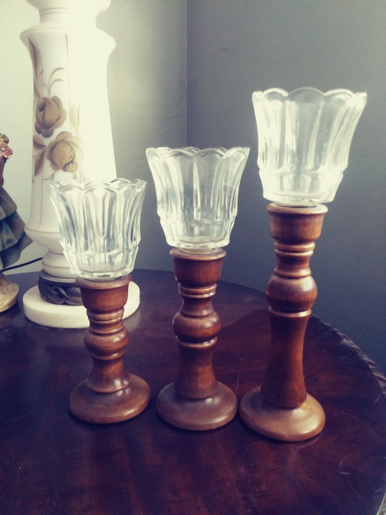1950s Midcentury Wood and Glass Candlesticks Candle Holders