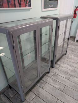 (3) IKEA FABRIKÖR Glass Display Cabinets – Light Gray