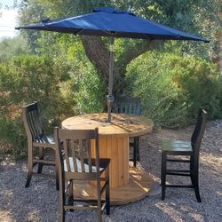 Wooden Spool, Chairs, Umbrella