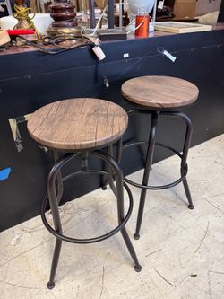 Industrial Bar Stools with Wood Seats – Set of 2