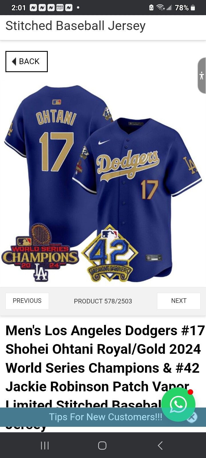 LA Dodgers OHTANI 17 ROBINSON 42 with WORLD SERIES CHAMPIONS PATCHES 12 UNISEX SIZES