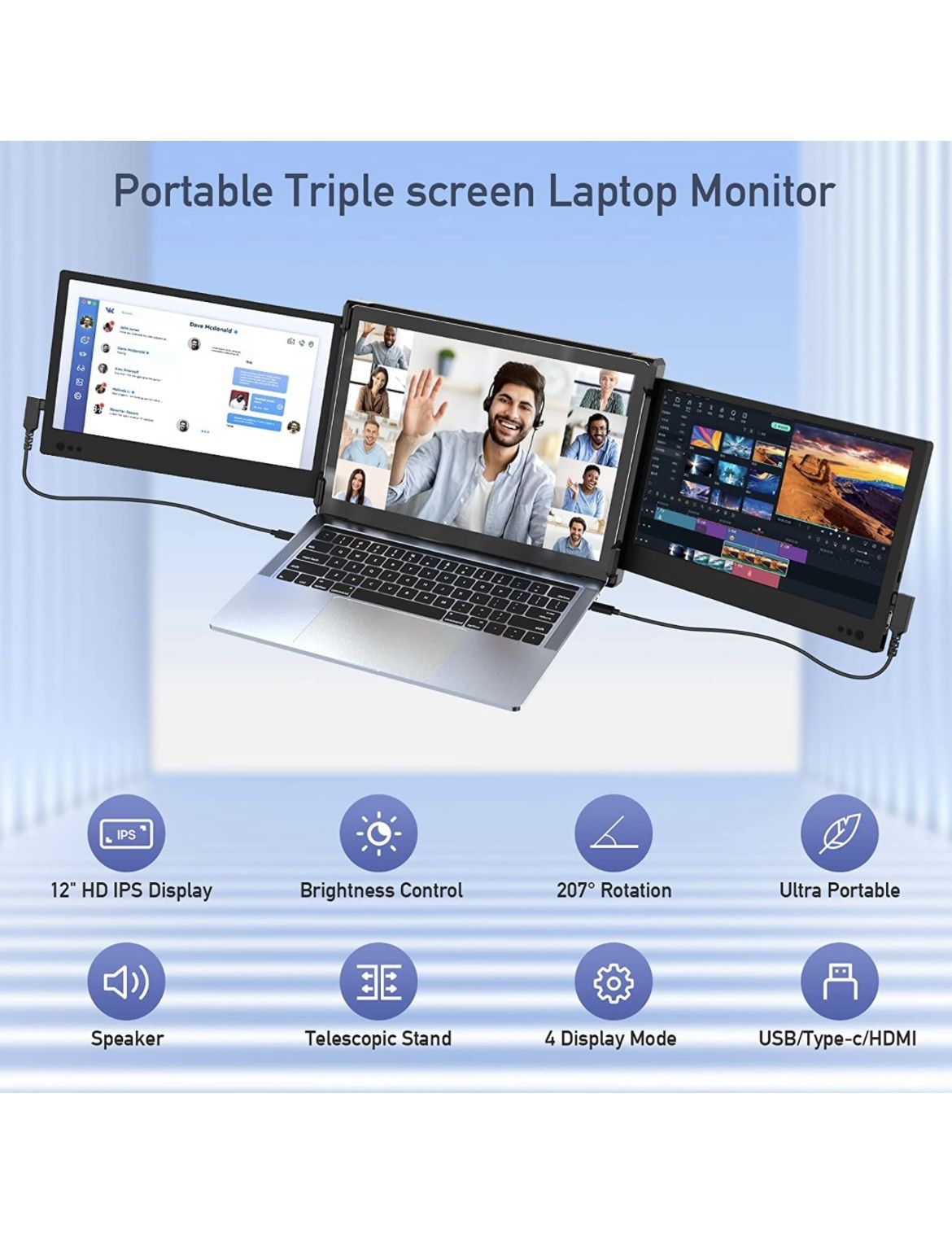 Portable Monitor for Laptop Screen Extender Dual 12'' Tri Display 1080P FHD IPS USB-A/Type-C/HDMI 4 Speakers Monitor for Switch/PS5 Support 13''-16'' 